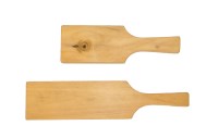 Two hand made wooden paddles. The large is 270mm x 65mm x 20mm and the small is 210mm x 65mm x 20mm